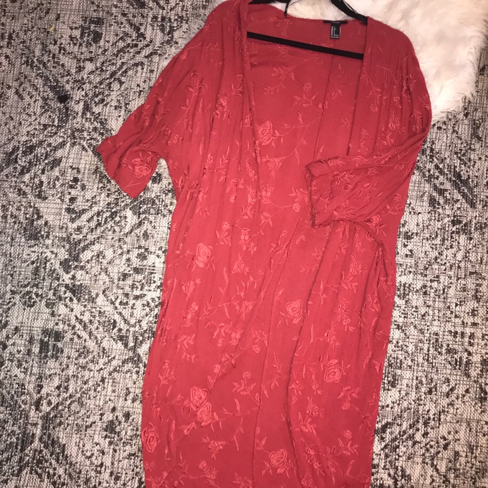 Rose embroidered 3/4 sleeve longline/duster cardi